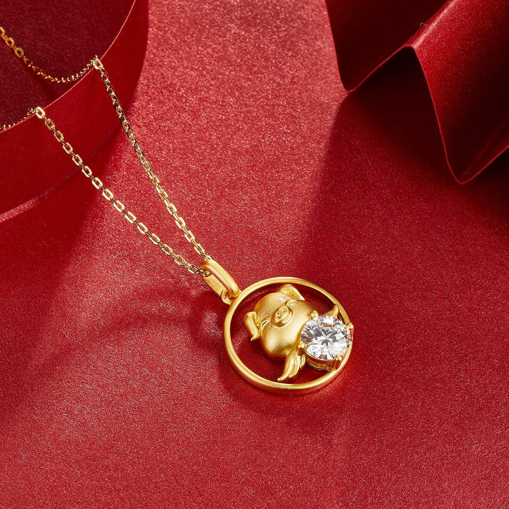 Collier Zodiaque Chinois en Argent Sterling S925 Doré avec Moissanite 1ct - Coffret Cadeau Certifié GRA - 5,2g - IVOIRART.COM