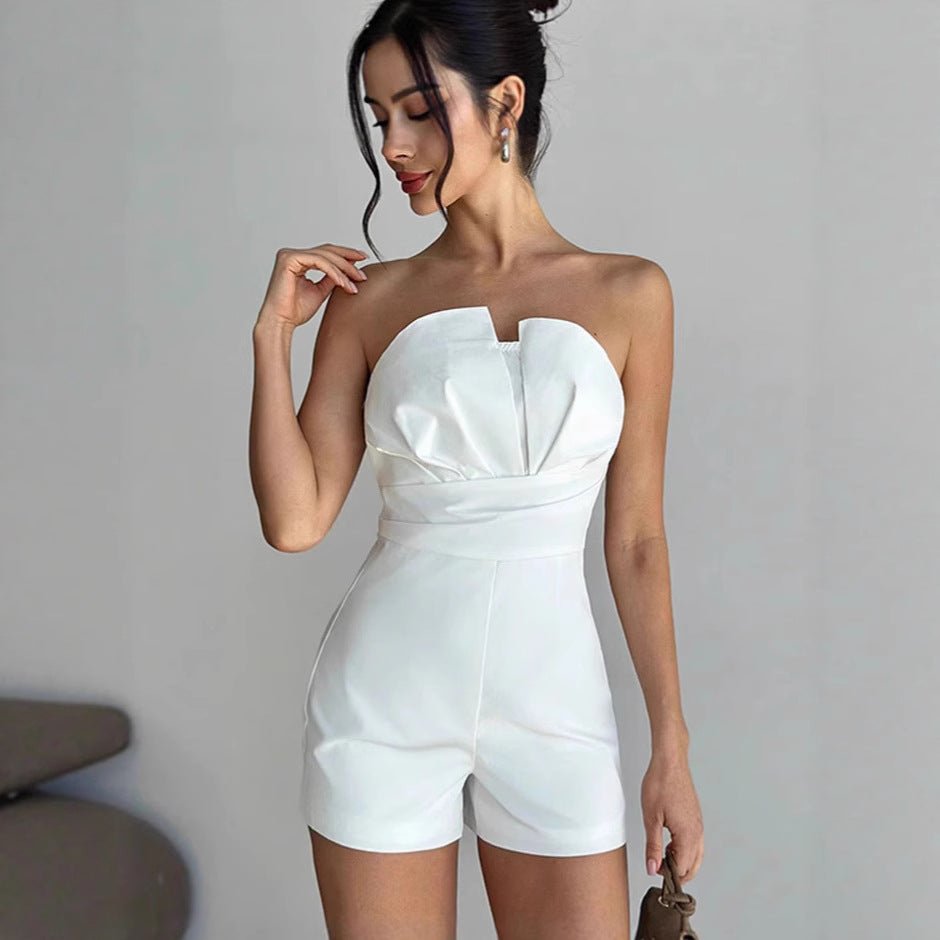 Combinaison élégante ajustée style créateur sans manches uni blanc et noir - IVOIRART.COM