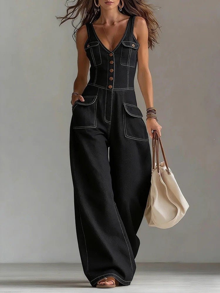 Combinaison en jean large sans manches avec col en V, boutons sur le devant et poches - IVOIRART.COM
