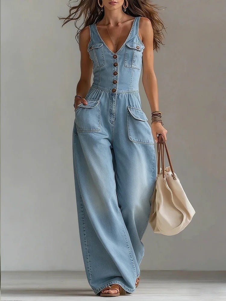 Combinaison en jean large sans manches avec col en V, boutons sur le devant et poches - IVOIRART.COM