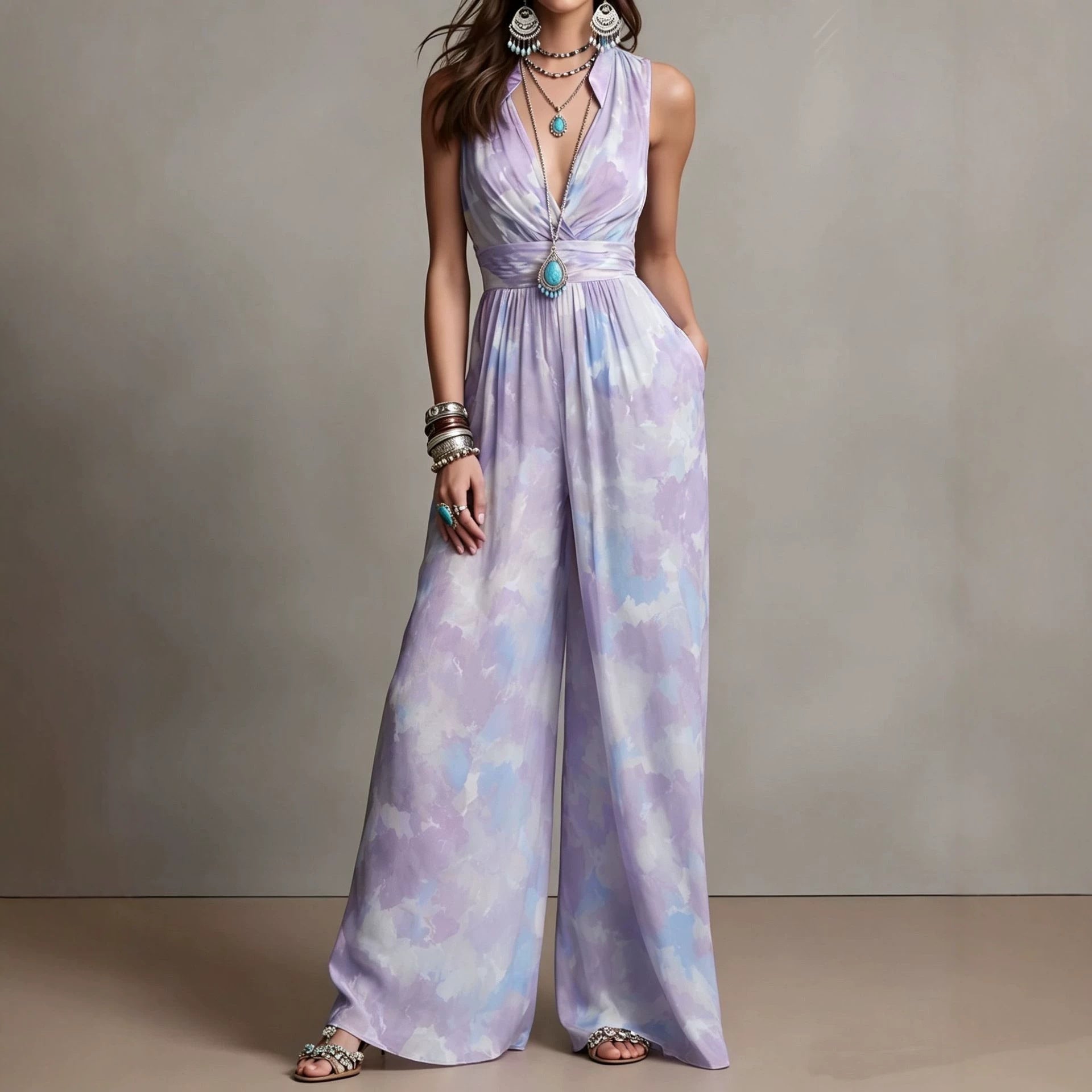 Combinaison femme taille haute cintrée, sans manches, polyester, brun-bleu XS-3XL. - IVOIRART.COM