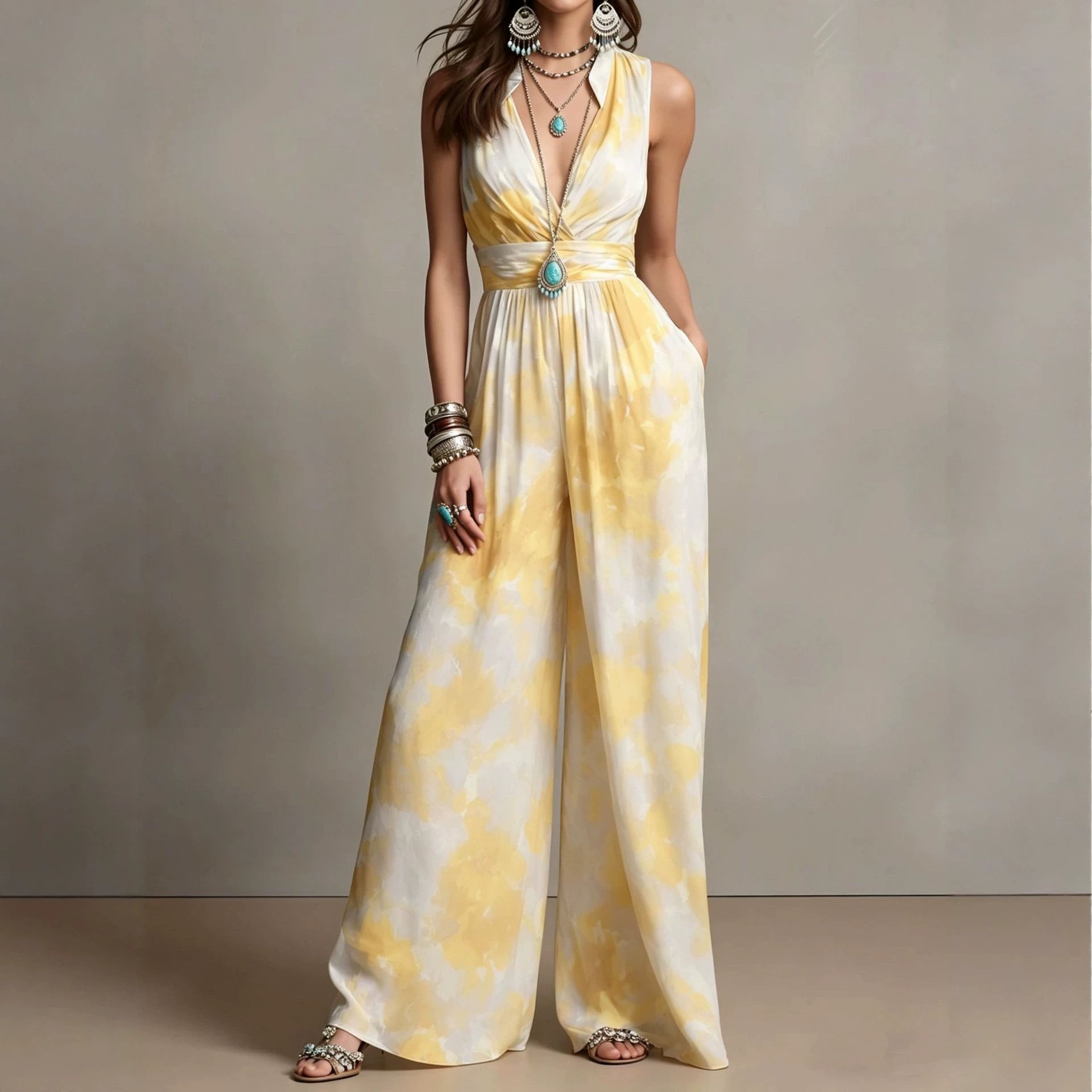 Combinaison femme taille haute cintrée, sans manches, polyester, brun-bleu XS-3XL. - IVOIRART.COM
