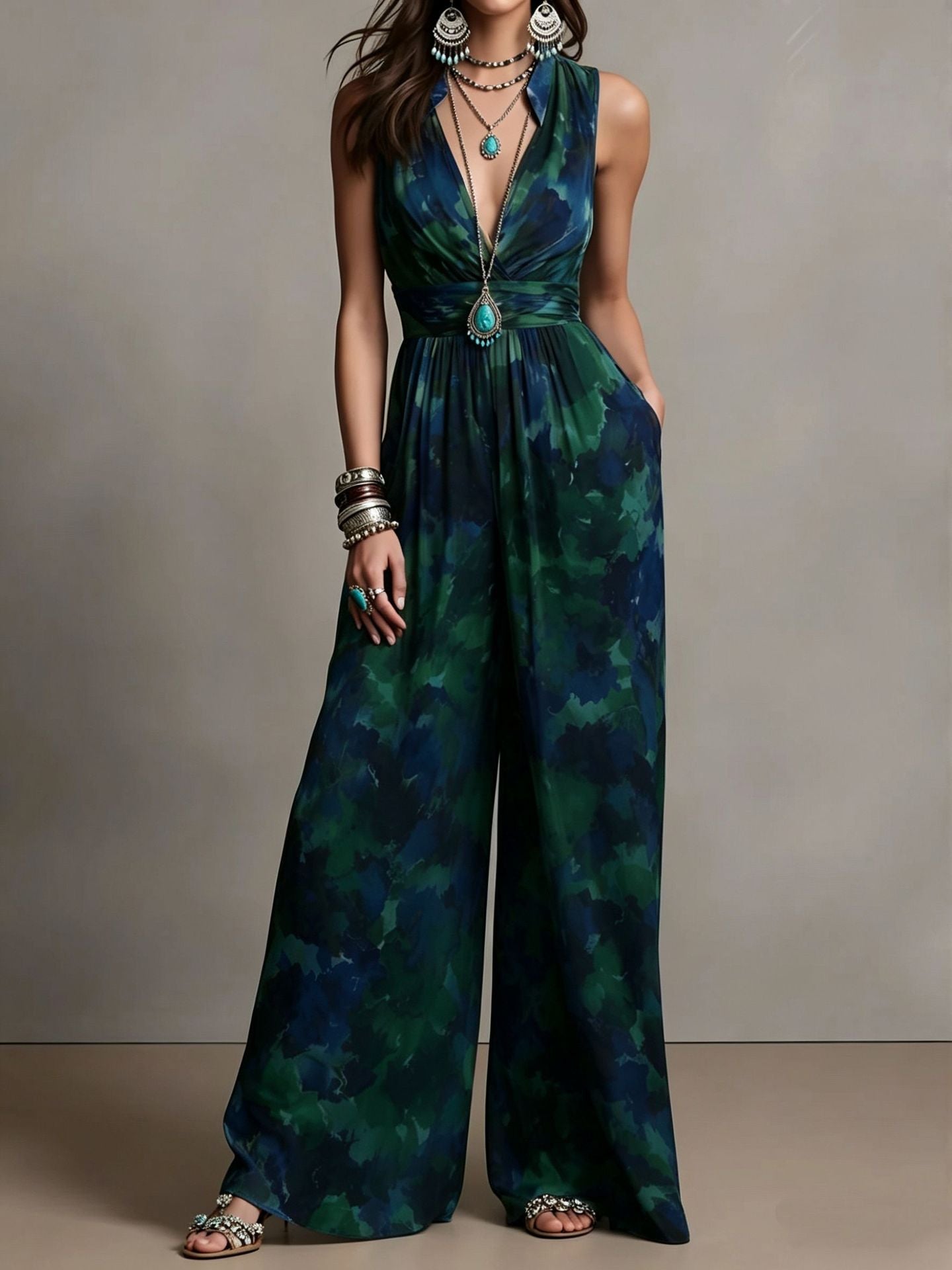 Combinaison femme taille haute cintrée, sans manches, polyester, brun-bleu XS-3XL. - IVOIRART.COM