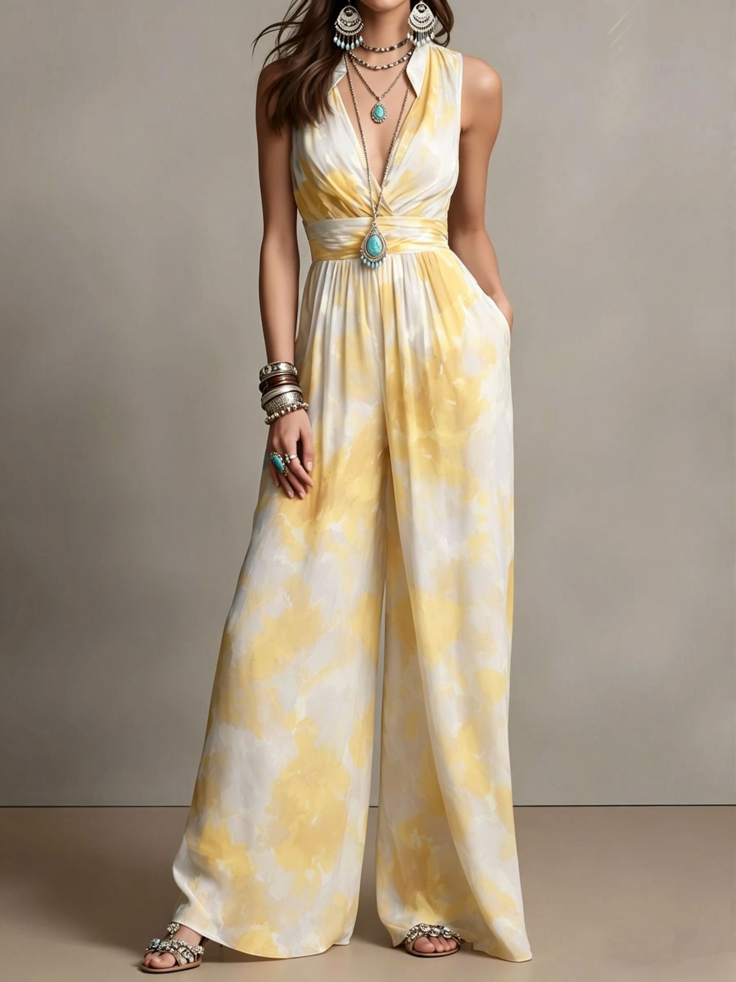 Combinaison femme taille haute cintrée, sans manches, polyester, brun-bleu XS-3XL. - IVOIRART.COM
