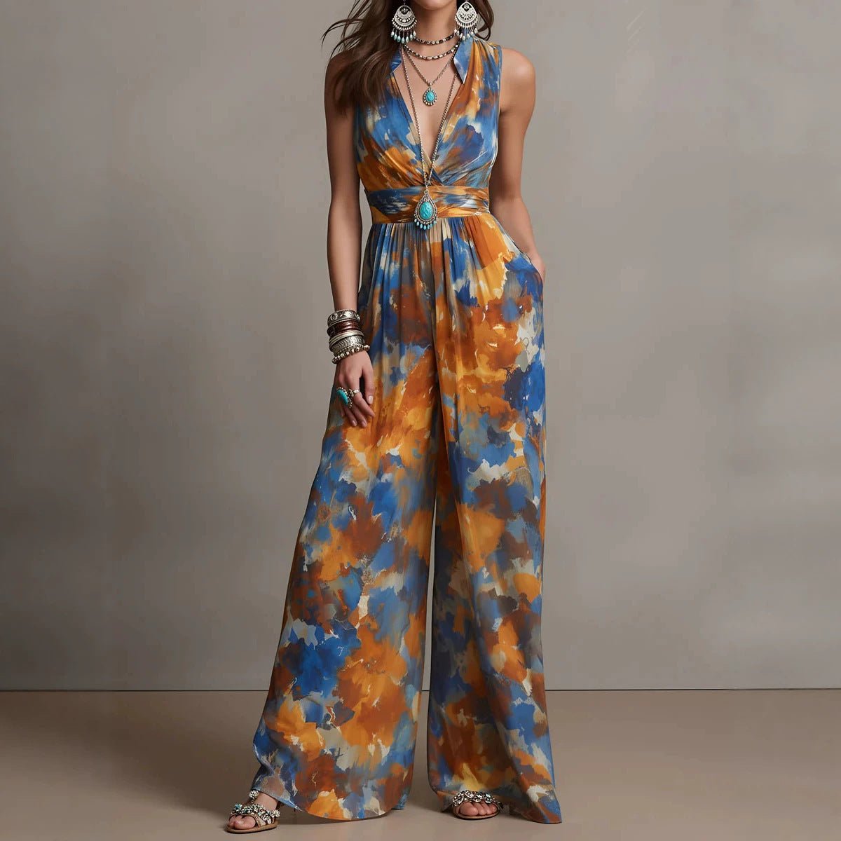 Combinaison femme taille haute cintrée, sans manches, polyester, brun-bleu XS-3XL. - IVOIRART.COM
