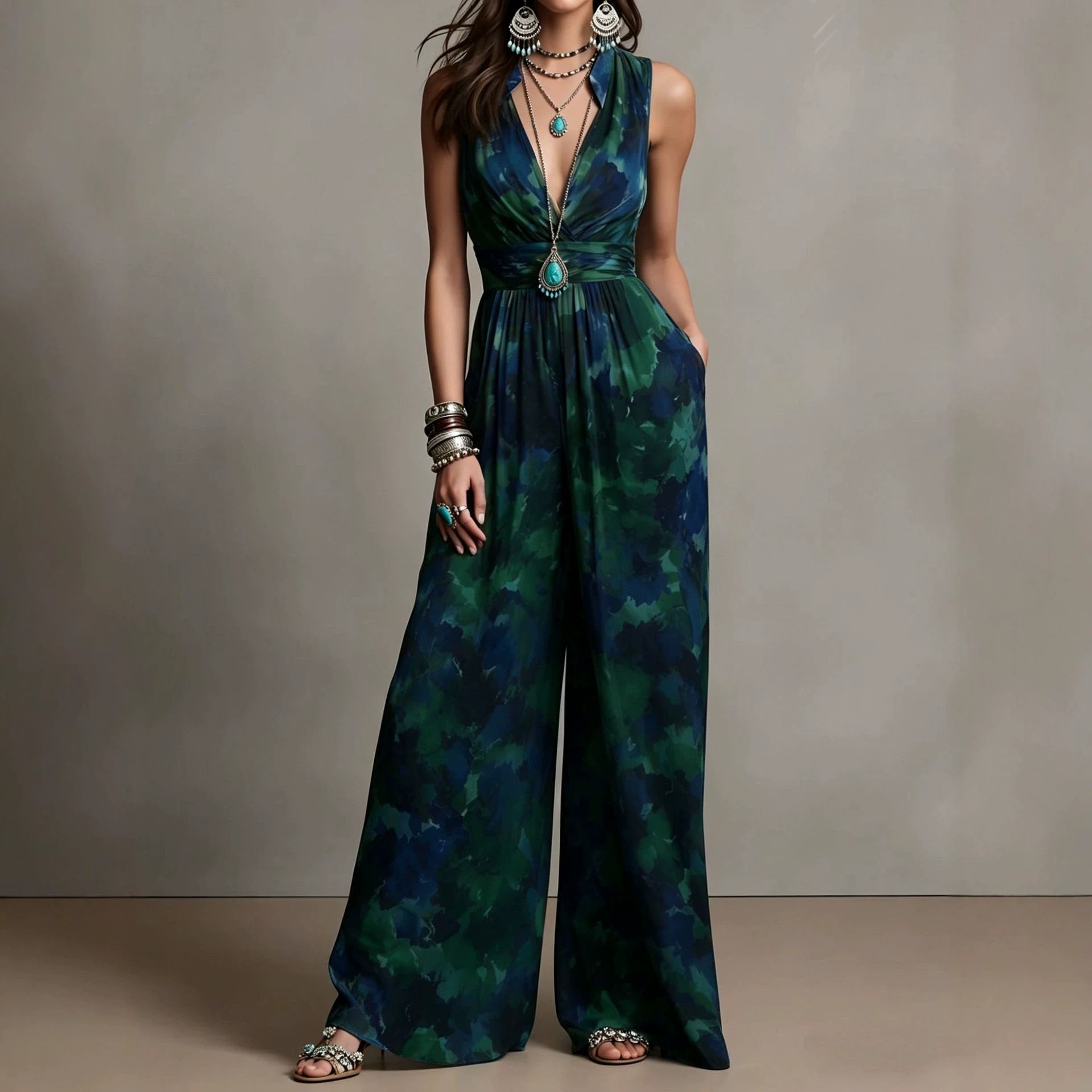 Combinaison femme taille haute cintrée, sans manches, polyester, brun-bleu XS-3XL. - IVOIRART.COM