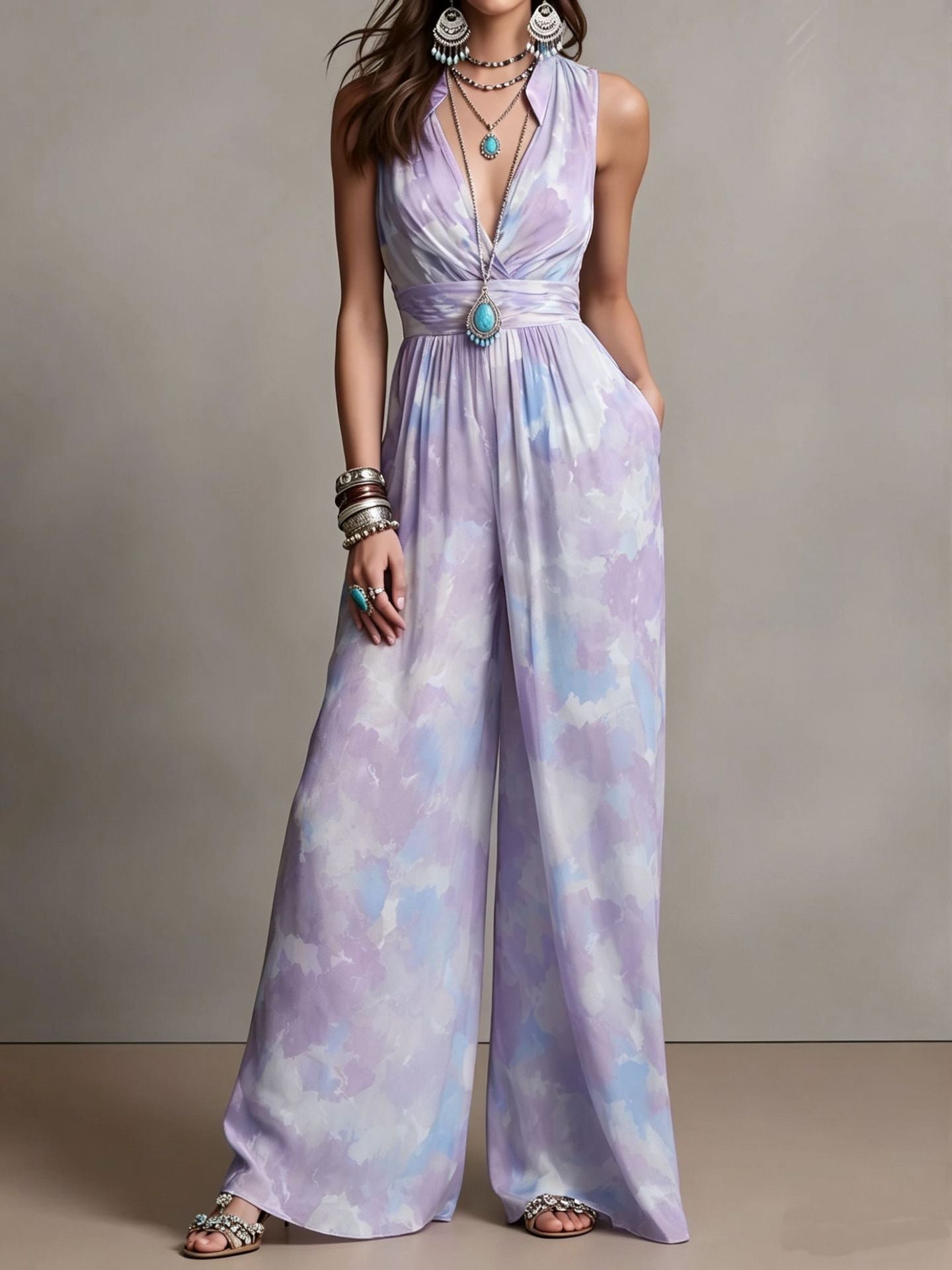 Combinaison femme taille haute cintrée, sans manches, polyester, brun-bleu XS-3XL. - IVOIRART.COM