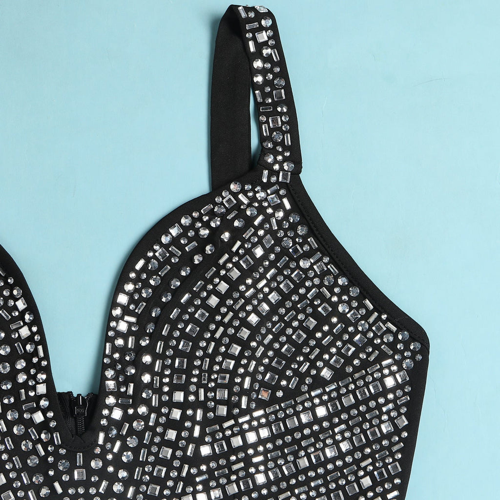Combinaison Femme Transparent à Décolleté Plongeant Ornée de Strass Éblouissants - IVOIRART.COM