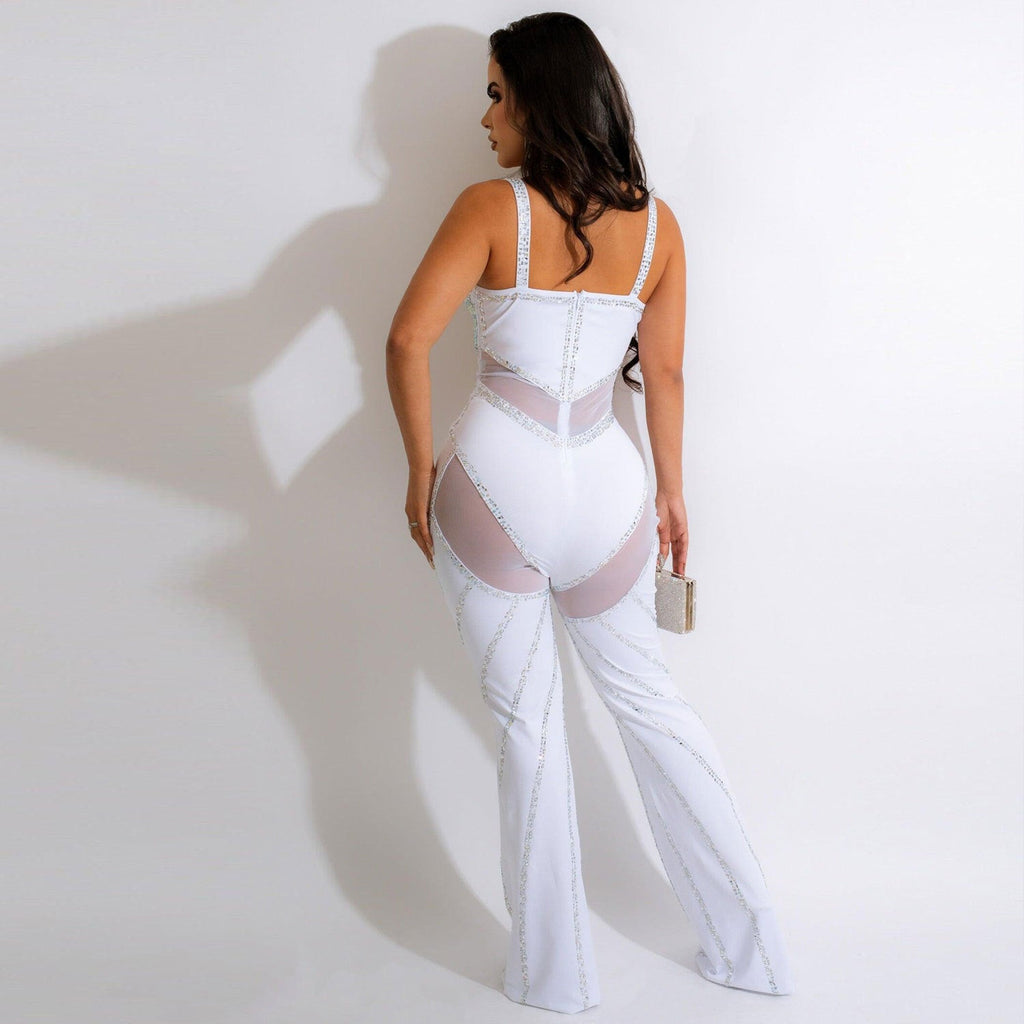Combinaison Femme Transparent à Décolleté Plongeant Ornée de Strass Éblouissants - IVOIRART.COM