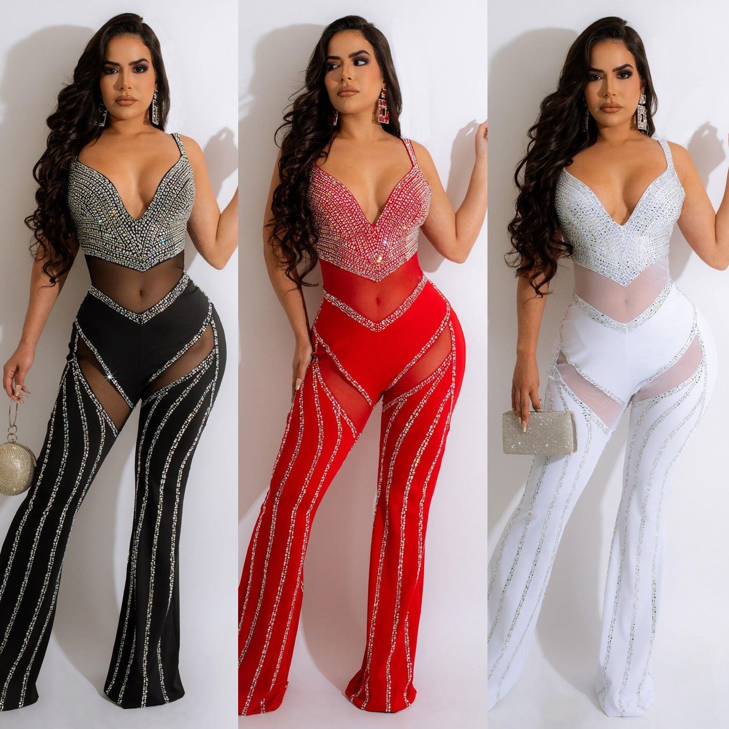 Combinaison Femme Transparent à Décolleté Plongeant Ornée de Strass Éblouissants - IVOIRART.COM