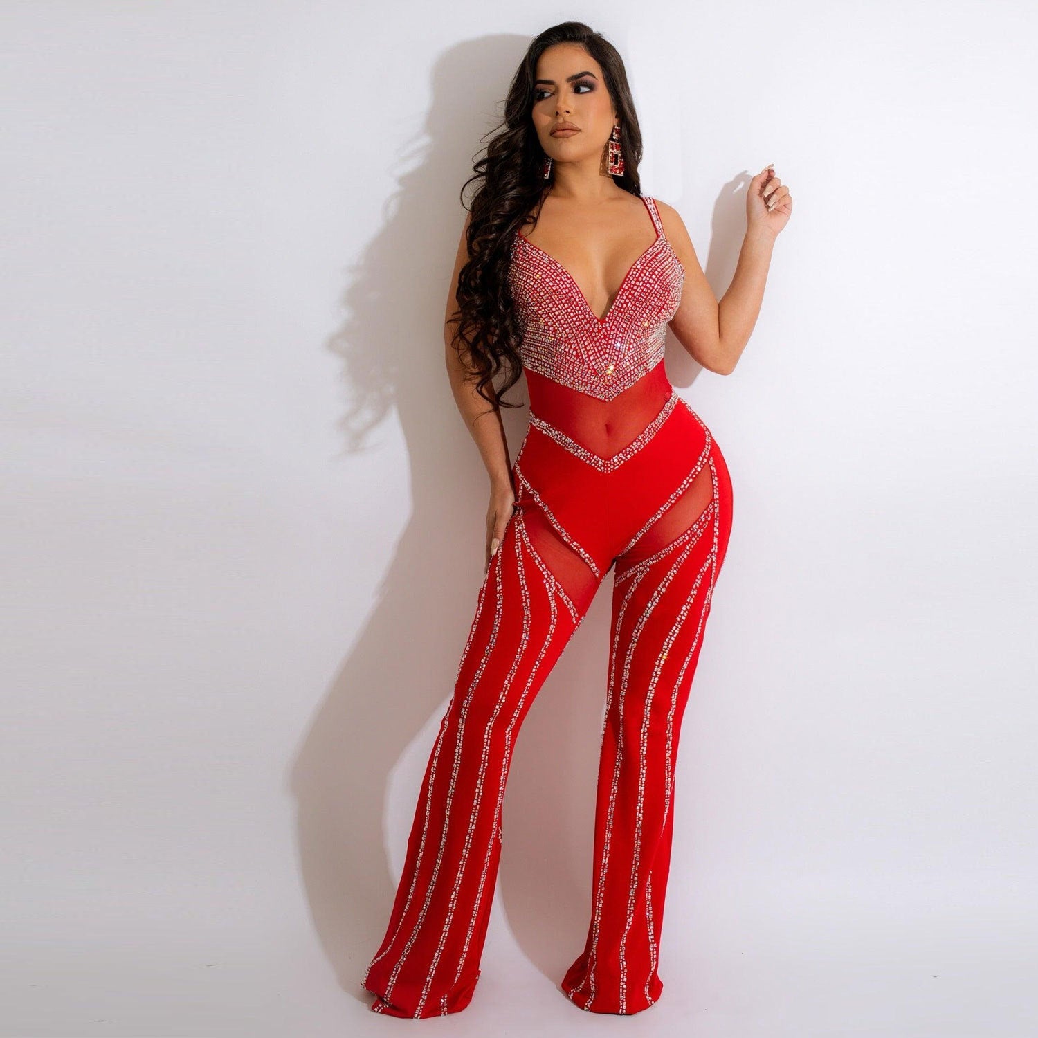 Combinaison Femme Transparent à Décolleté Plongeant Ornée de Strass Éblouissants - IVOIRART.COM
