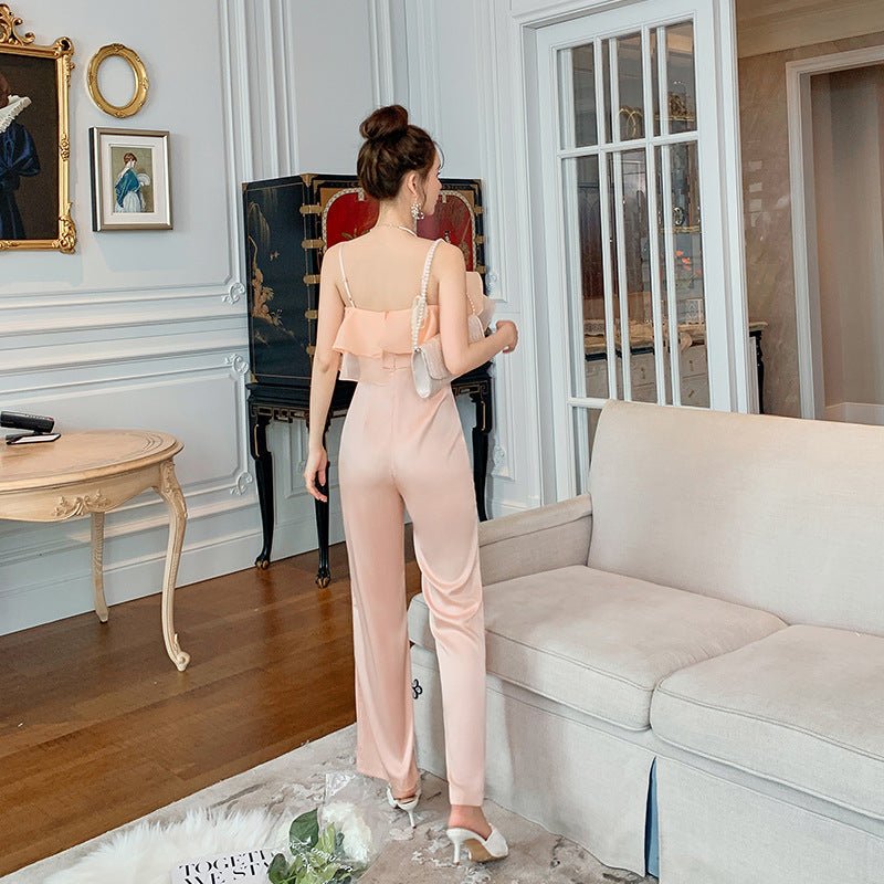 Combinaison Large à Jambes Évasées et Volants au Style Urbain Frit, Rose Abricot - IVOIRART.COM