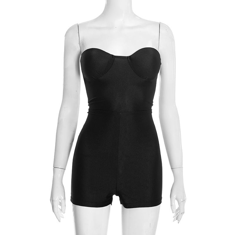 Combinaison moulante bustier sans dos avec short, noire, stretch légère - IVOIRART.COM