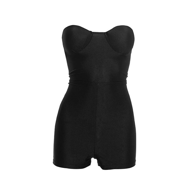 Combinaison moulante bustier sans dos avec short, noire, stretch légère - IVOIRART.COM