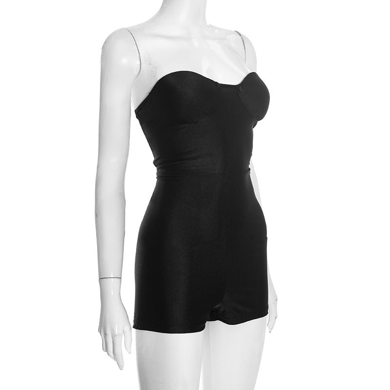 Combinaison moulante bustier sans dos avec short, noire, stretch légère - IVOIRART.COM