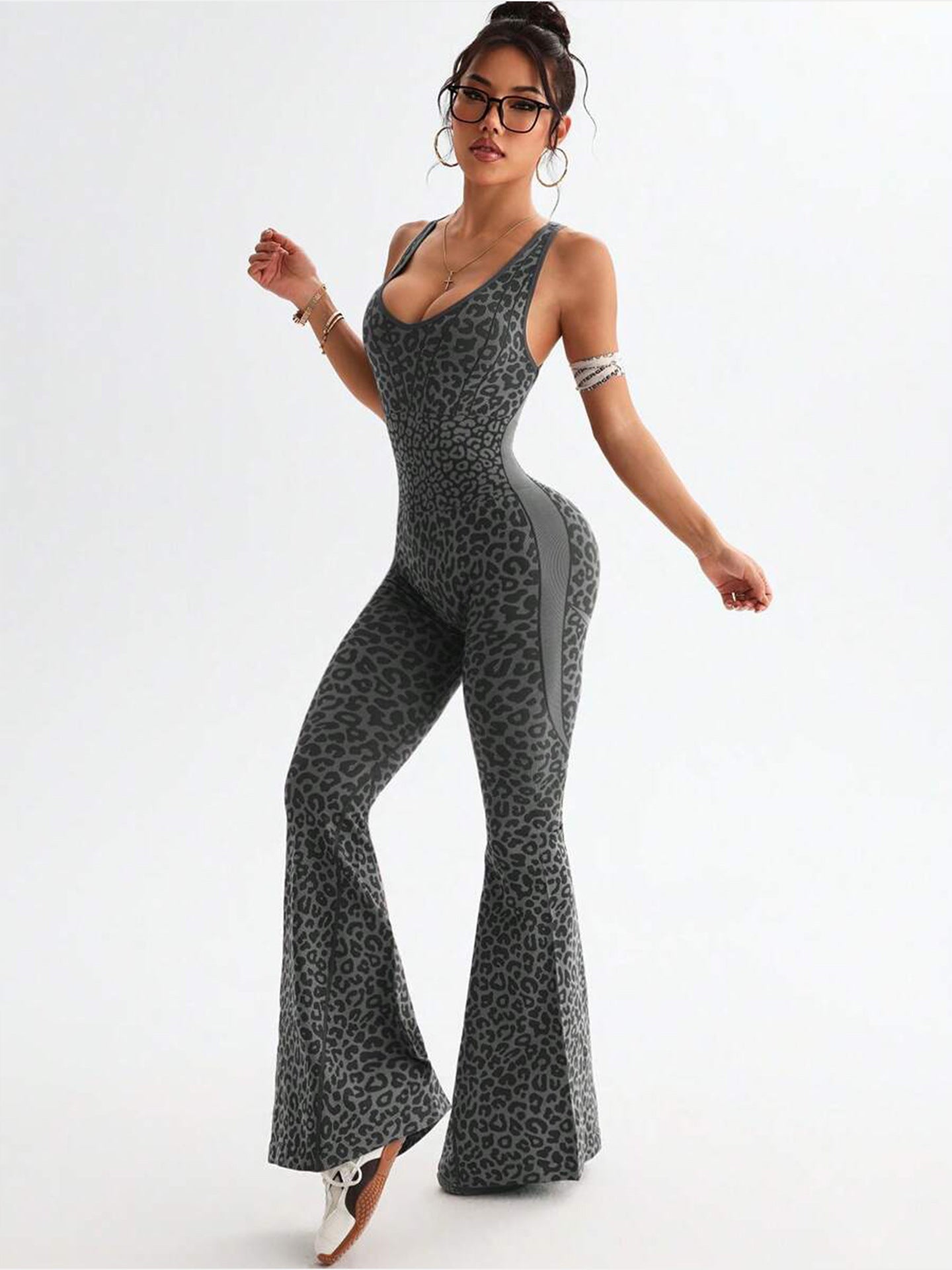 Combinaison une-pièce yoga léopard femme dos croisé seamless sport&fitness-pro21 - IVOIRART.COM