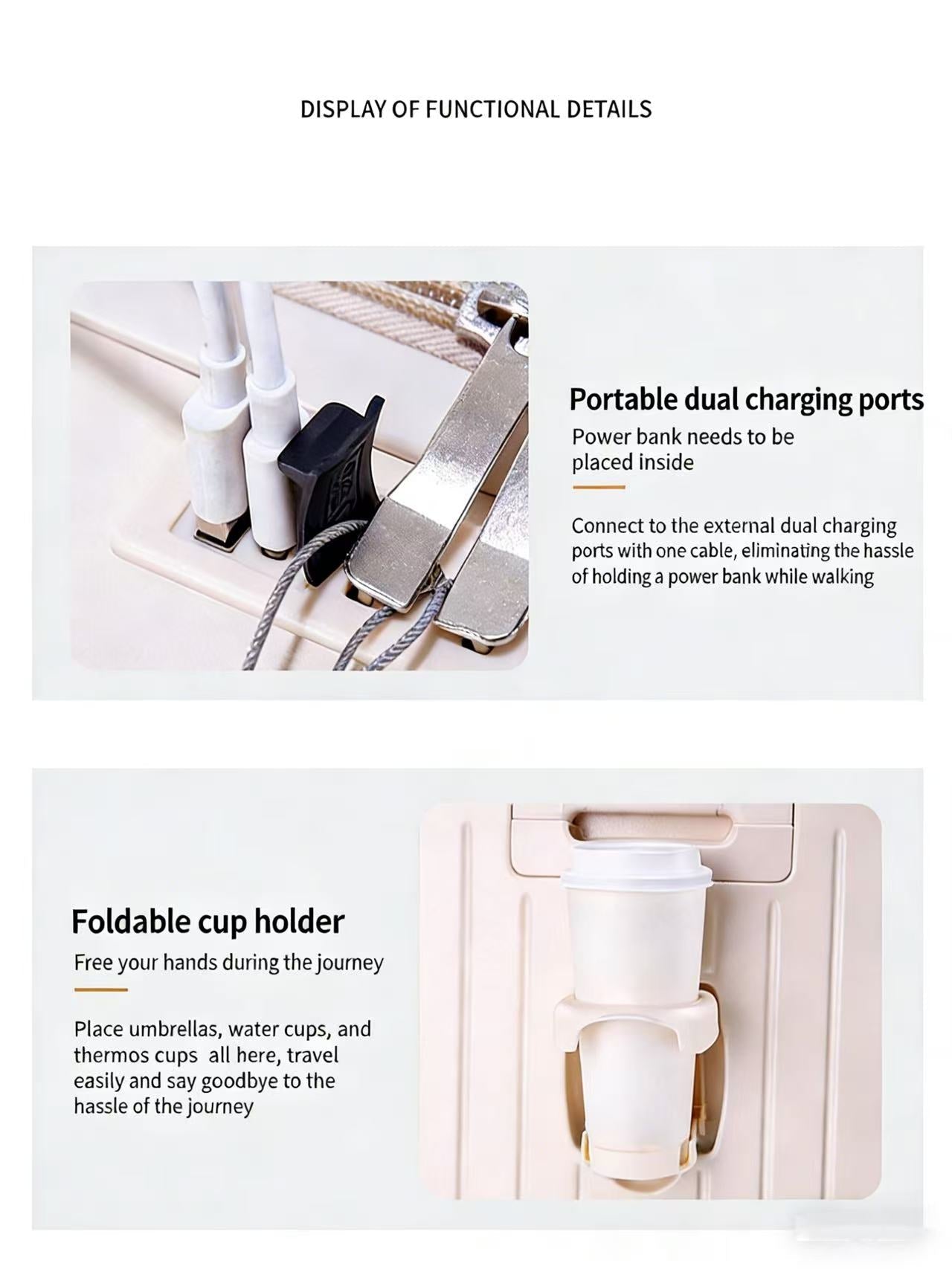 Compartiment à bagages à ouverture frontale avec plateau avant, cabine 20 pouces, porte-gobelet pliable extensible, support téléphone dissimulé, double chargeur USB - IVOIRART.COM