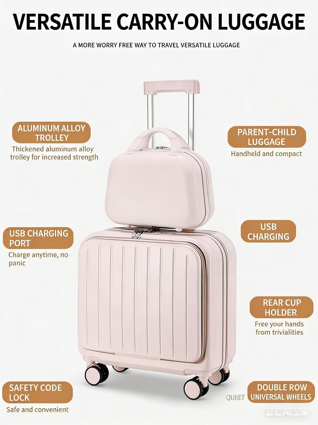 Compartiment à bagages à ouverture frontale avec plateau avant, cabine 20 pouces, porte-gobelet pliable extensible, support téléphone dissimulé, double chargeur USB - IVOIRART.COM