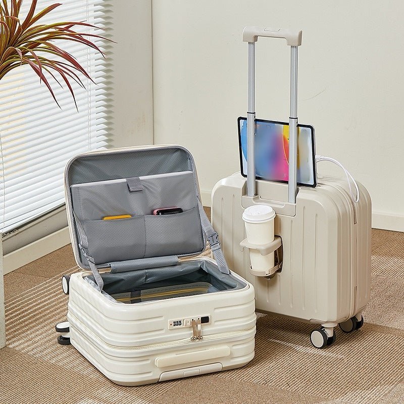 Compartiment à bagages à ouverture frontale avec plateau avant, cabine 20 pouces, porte-gobelet pliable extensible, support téléphone dissimulé, double chargeur USB - IVOIRART.COM