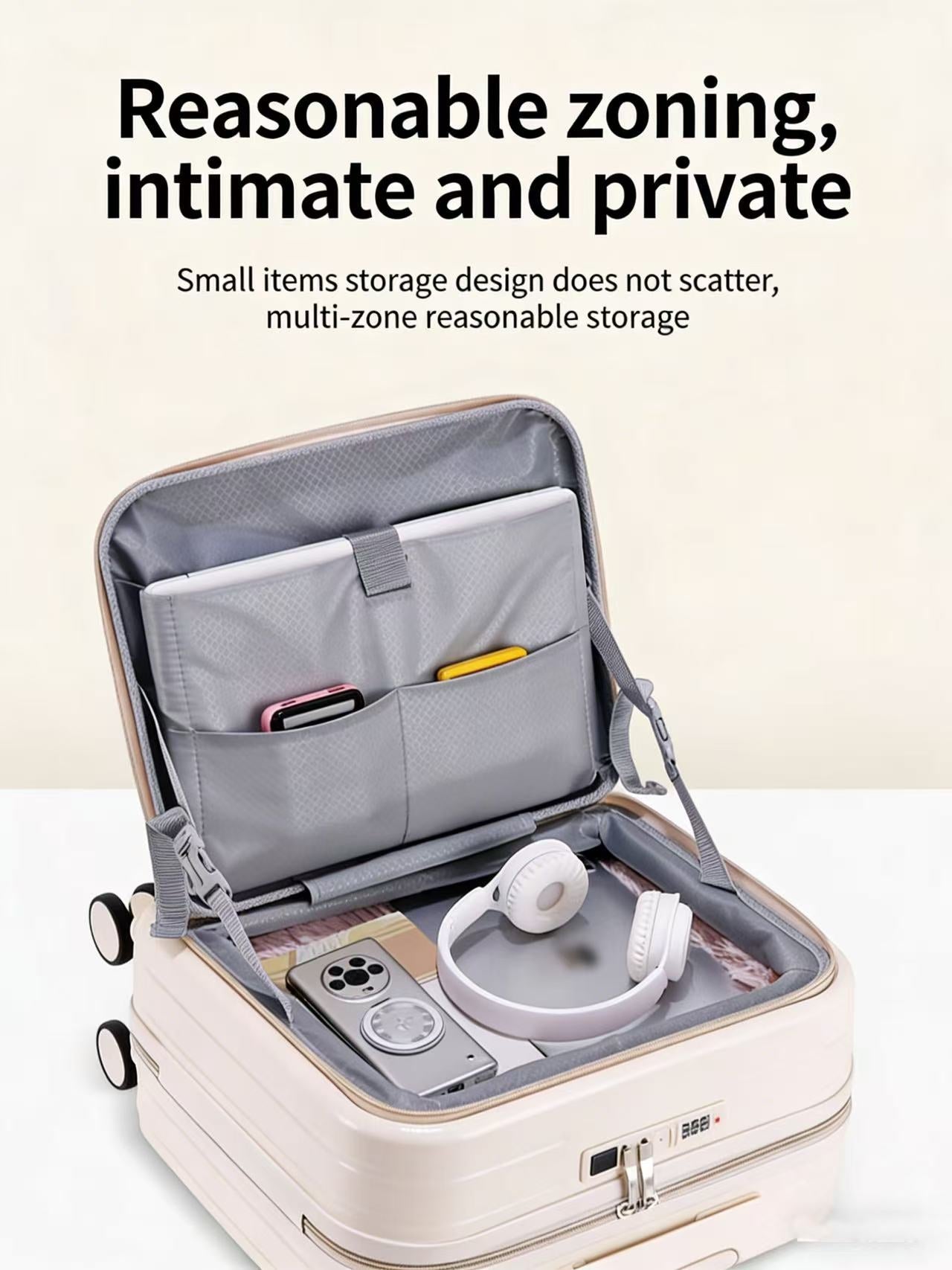 Compartiment à bagages à ouverture frontale avec plateau avant, cabine 20 pouces, porte-gobelet pliable extensible, support téléphone dissimulé, double chargeur USB - IVOIRART.COM