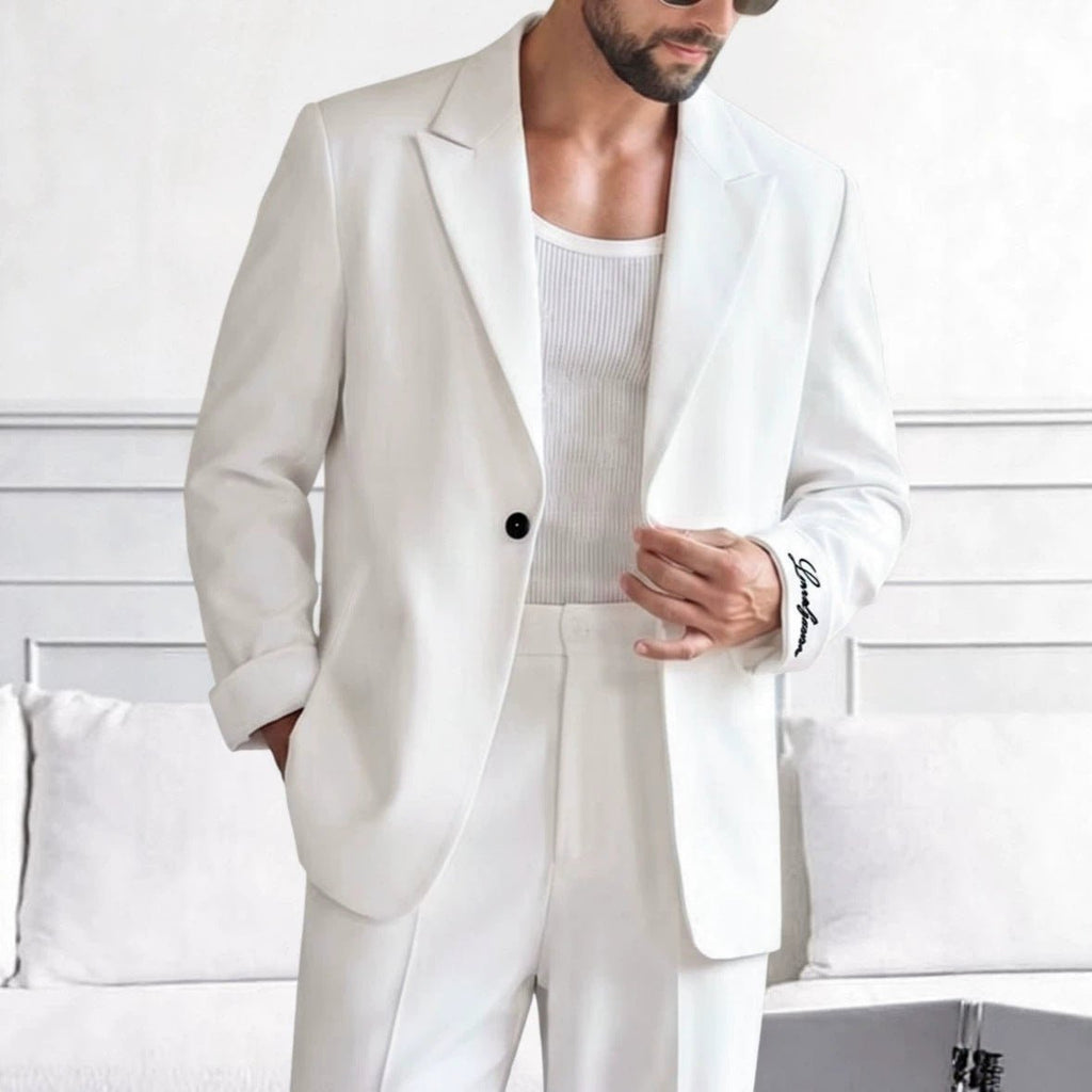 Costume blanc homme avec tailleur brodé — veste droite, doublure polyester Teryl - IVOIRART.COM