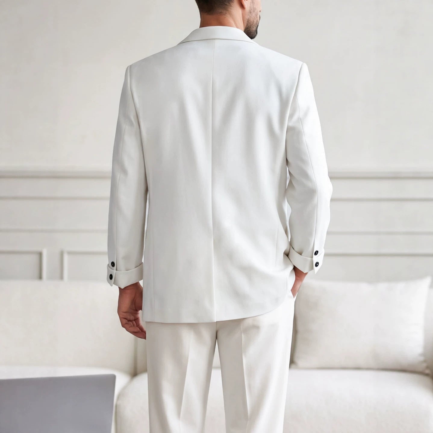 Costume blanc homme avec tailleur brodé — veste droite, doublure polyester Teryl - IVOIRART.COM