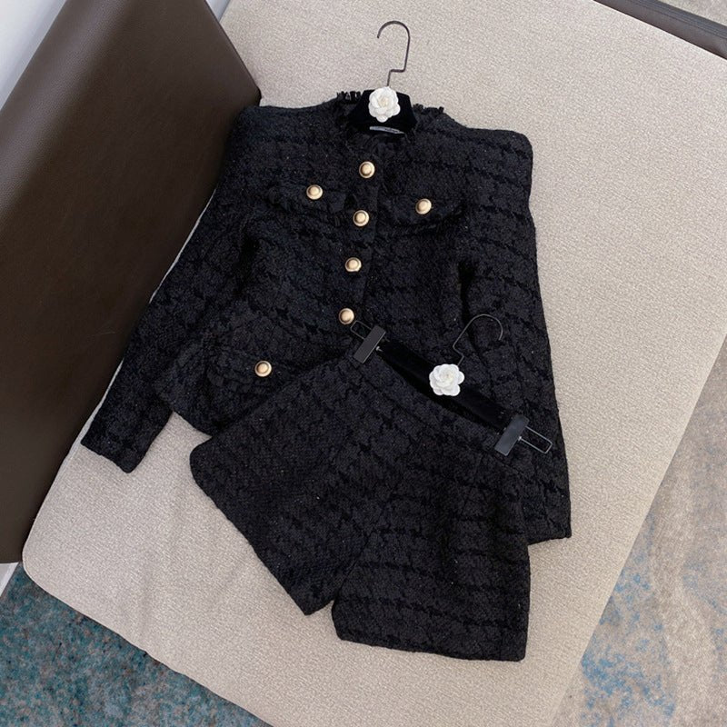 Costume deux-pièces tweed, veste et short — style sexy élégant, blanc/noir S-M-L - IVOIRART.COM