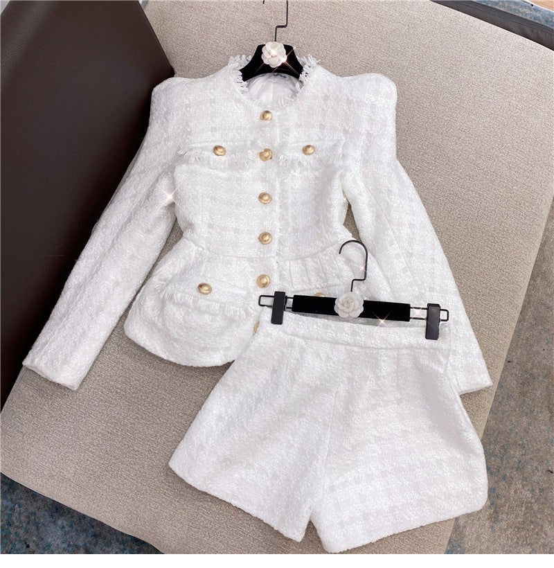 Costume deux-pièces tweed, veste et short — style sexy élégant, blanc/noir S-M-L - IVOIRART.COM