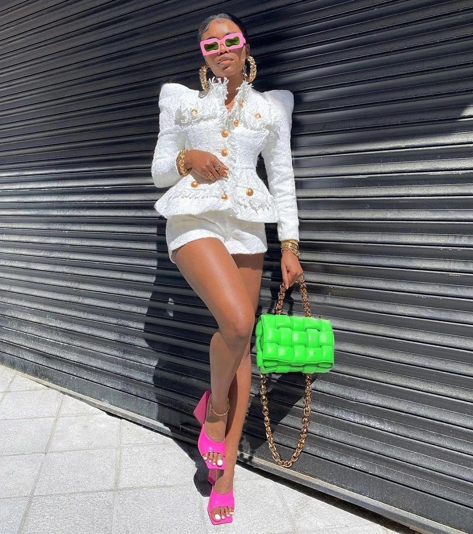 Costume deux-pièces tweed, veste et short — style sexy élégant, blanc/noir S-M-L - IVOIRART.COM