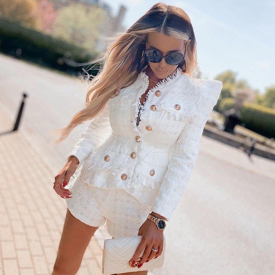 Costume deux-pièces tweed, veste et short — style sexy élégant, blanc/noir S-M-L - IVOIRART.COM