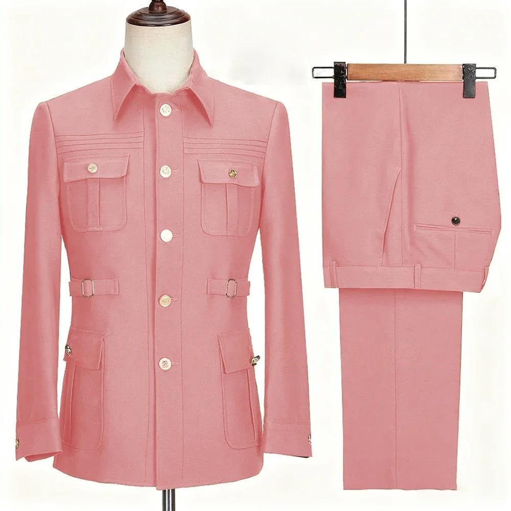 Costume Homme Ajusté Deux Pièces Élégant en Vert Militaire, Rose et Kaki - IVOIRART.COM