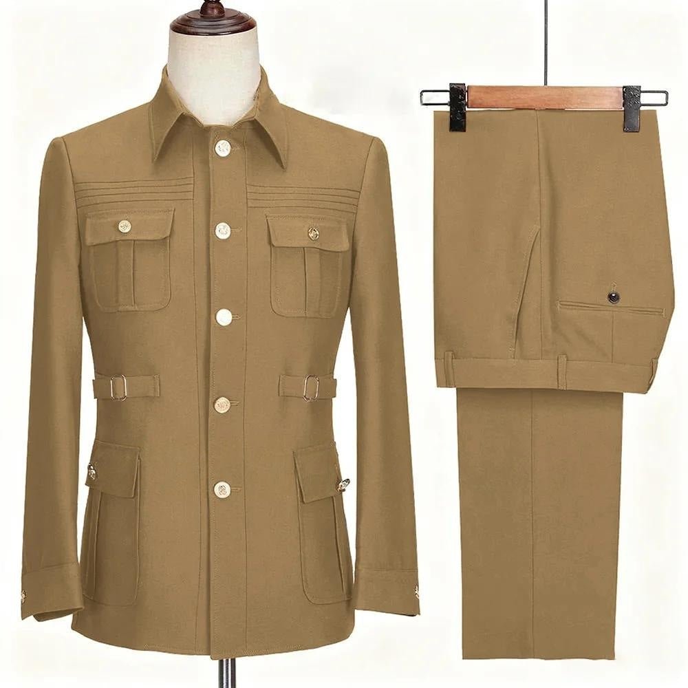 Costume Homme Ajusté Deux Pièces Élégant en Vert Militaire, Rose et Kaki - IVOIRART.COM