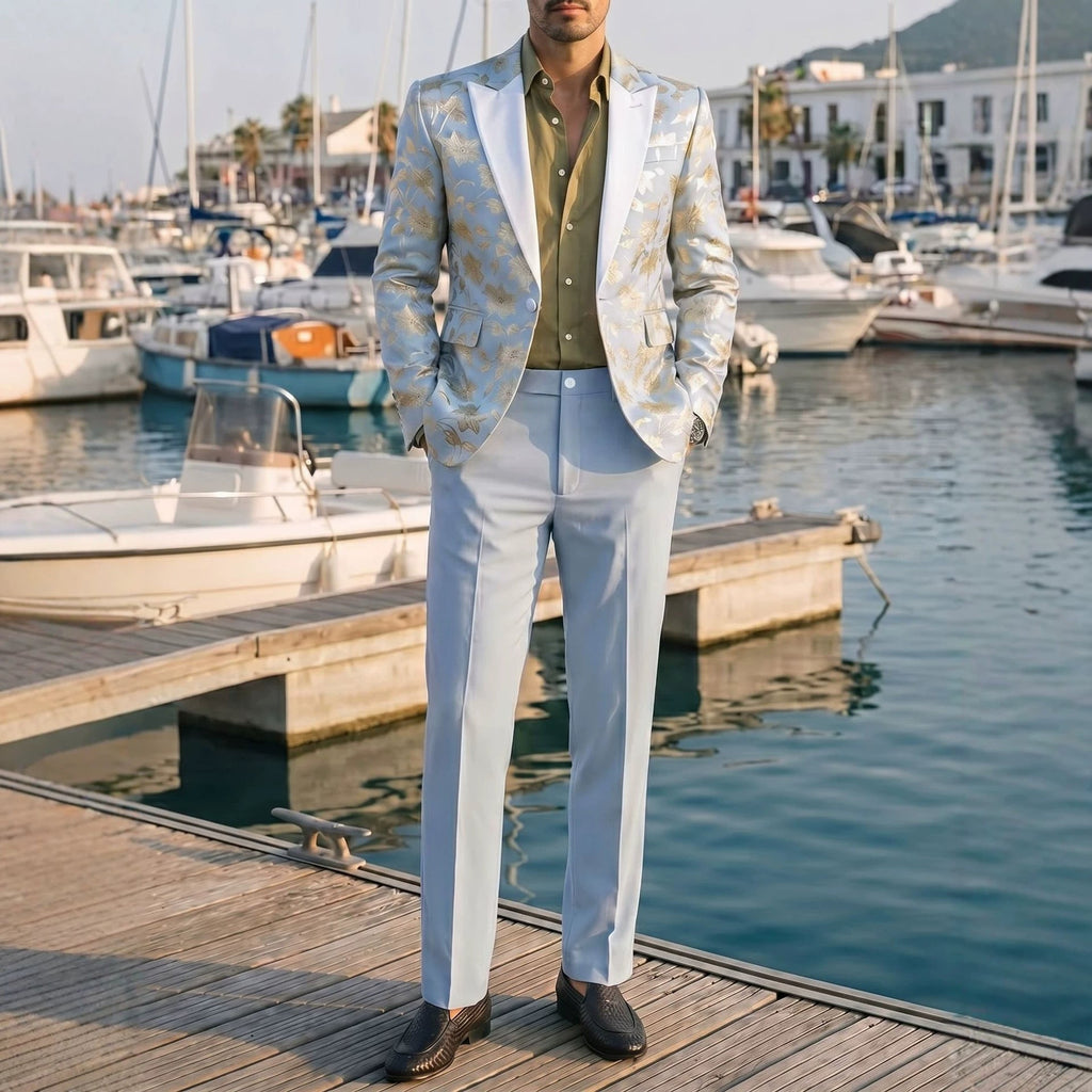 Costume Homme Banquet Doré Gaufré - Ensemble Veste et Pantalon Slim Bleu élégant - IVOIRART.COM