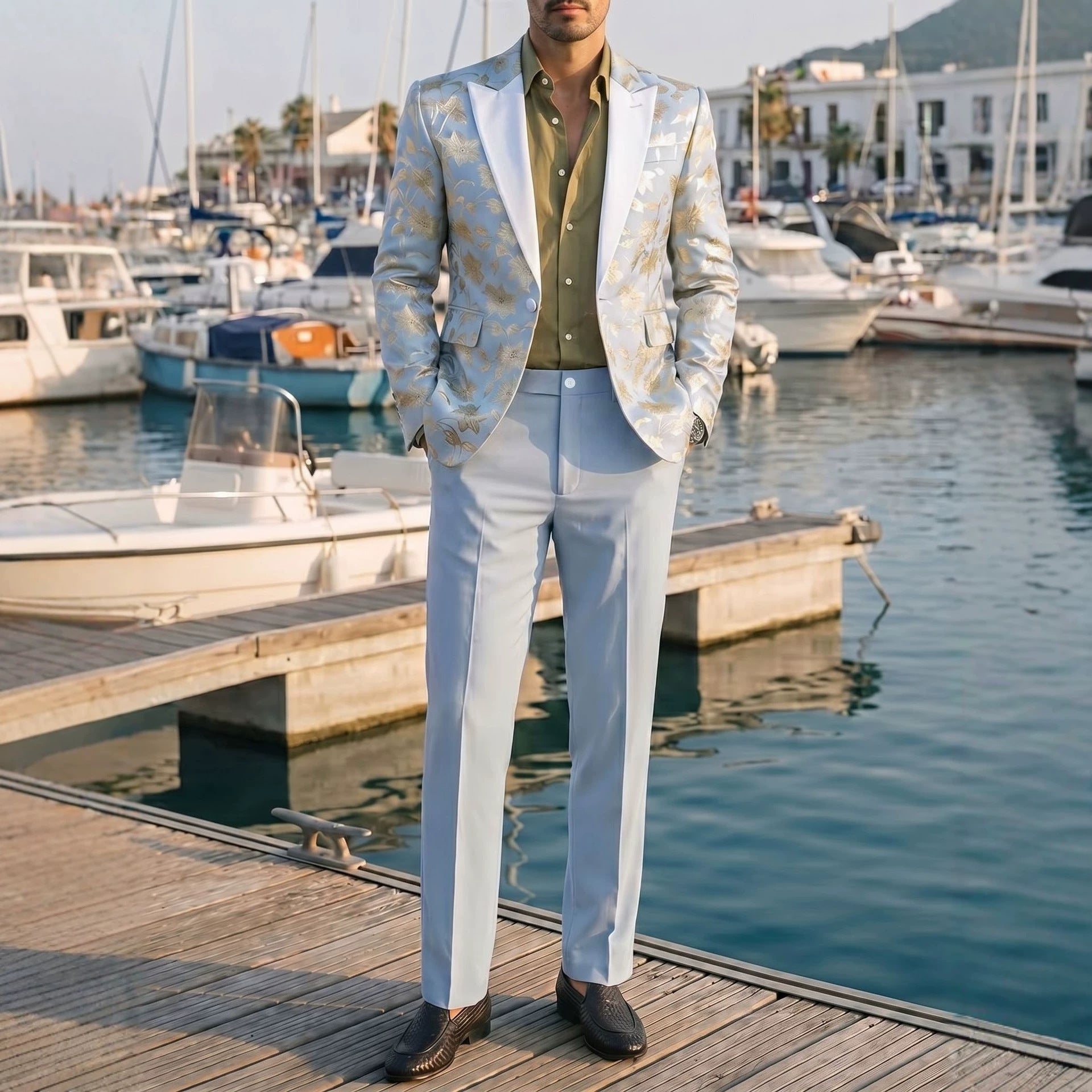 Costume Homme Banquet Doré Gaufré - Ensemble Veste et Pantalon Slim Bleu élégant - IVOIRART.COM