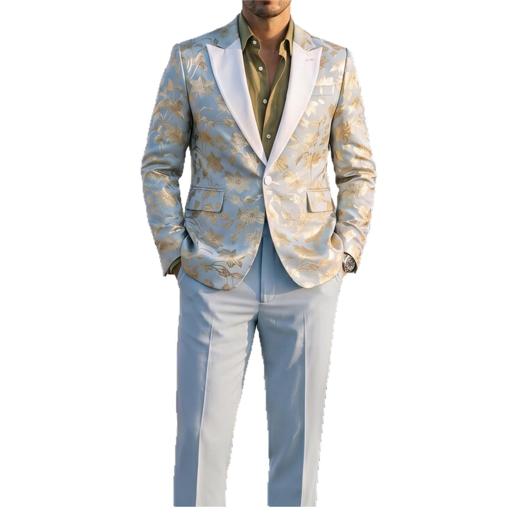 Costume Homme Banquet Doré Gaufré - Ensemble Veste et Pantalon Slim Bleu élégant - IVOIRART.COM