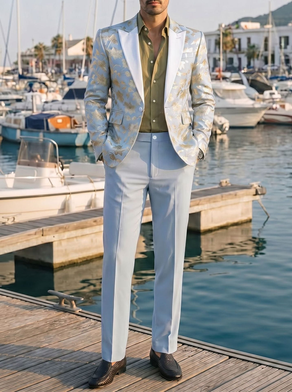 Costume Homme Banquet Doré Gaufré - Ensemble Veste et Pantalon Slim Bleu élégant - IVOIRART.COM