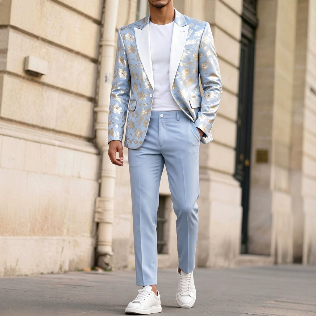 Costume Homme Banquet Doré Gaufré - Ensemble Veste et Pantalon Slim Bleu élégant - IVOIRART.COM