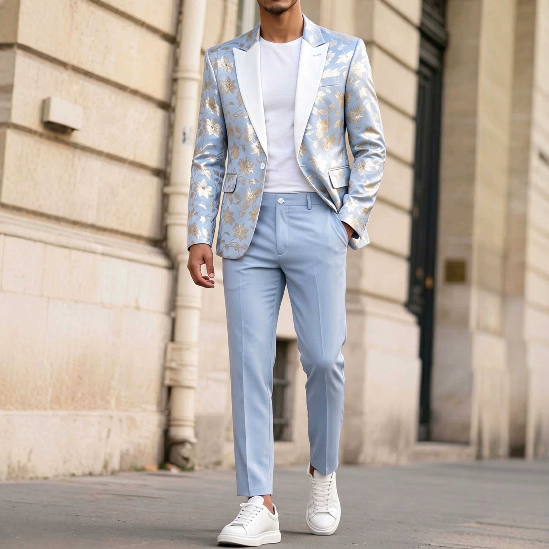 Costume Homme Banquet Doré Gaufré - Ensemble Veste et Pantalon Slim Bleu élégant - IVOIRART.COM
