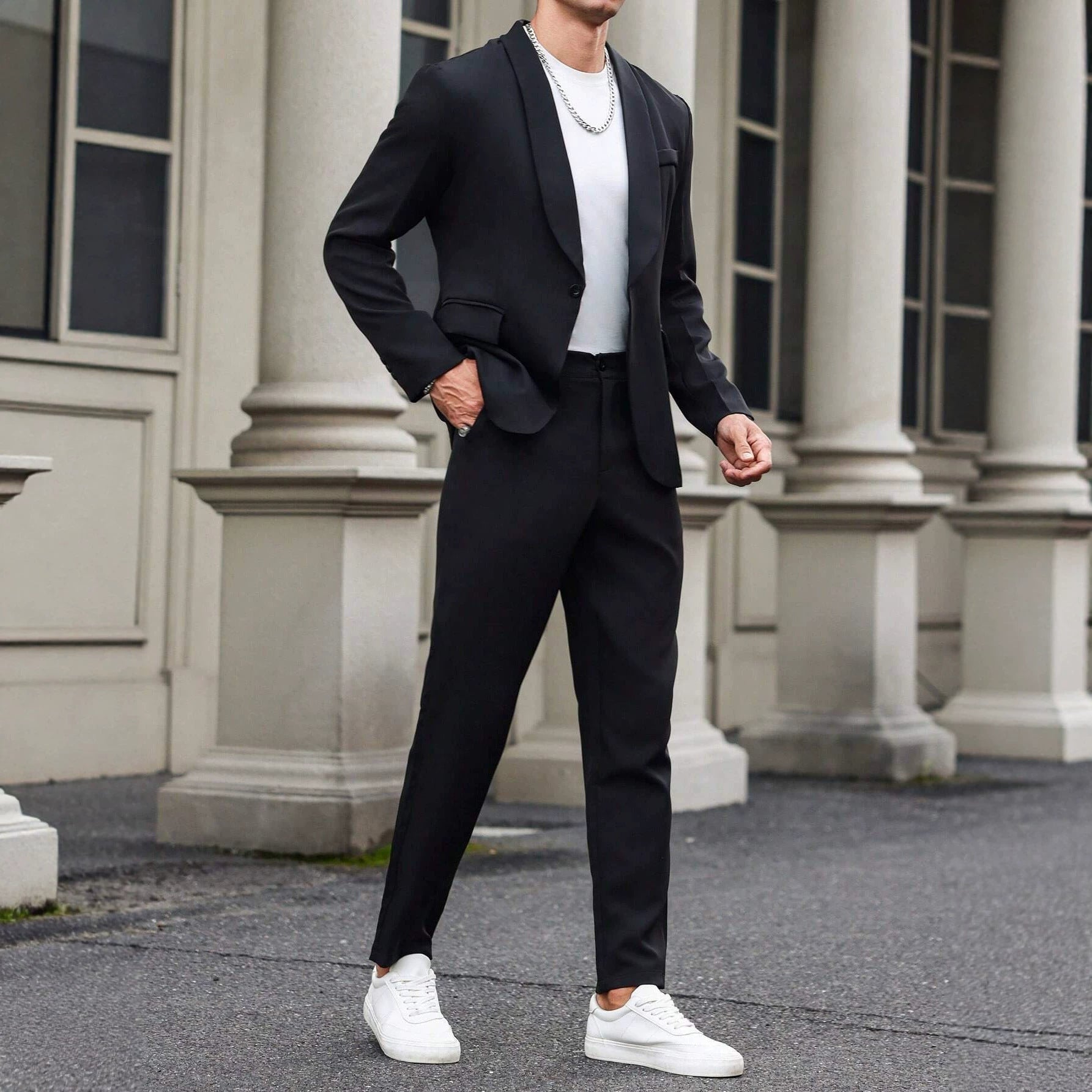 Costume homme uni noir, ensemble formel business slim, veste et pantalon élégant - IVOIRART.COM