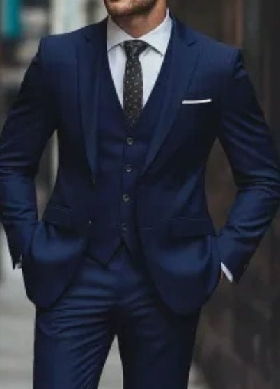 Costume trois pièces pour homme en laine mode, style business ajusté bleu foncé - IVOIRART.COM