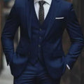 Costume trois pièces pour homme en laine mode, style business ajusté bleu foncé - IVOIRART.COM