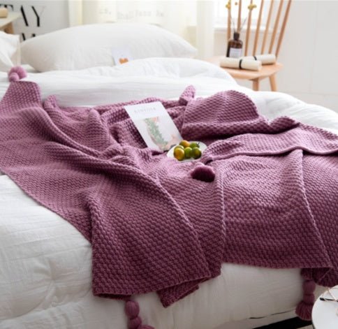 Couverture en laine à franges style nordique, boule tricotée, idéal bureau et canapé - IVOIRART.COM