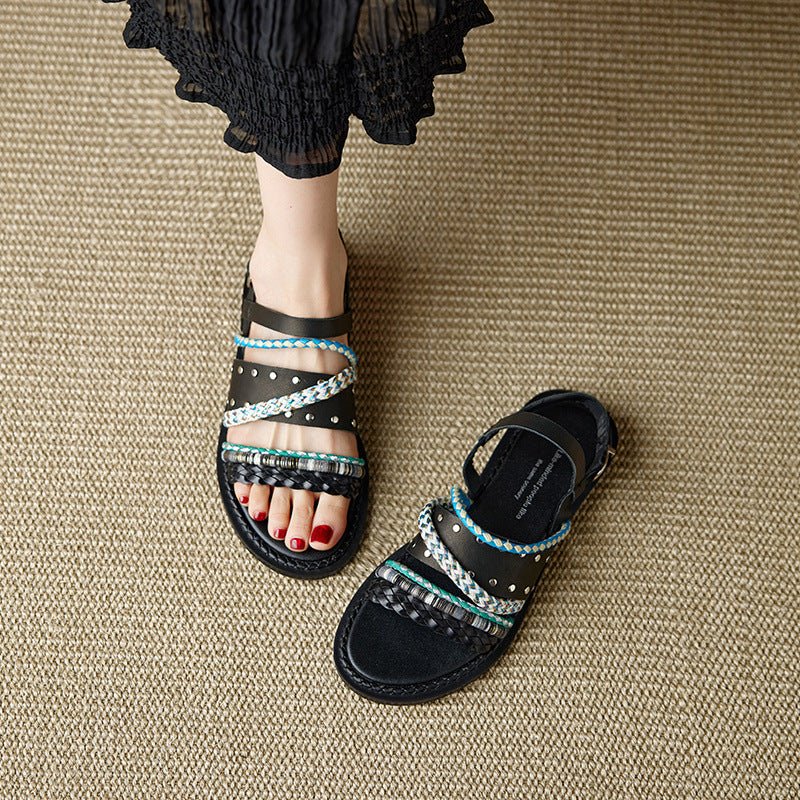 Cowhide Woven Color-block Flat Sandals - IVOIRART.COM