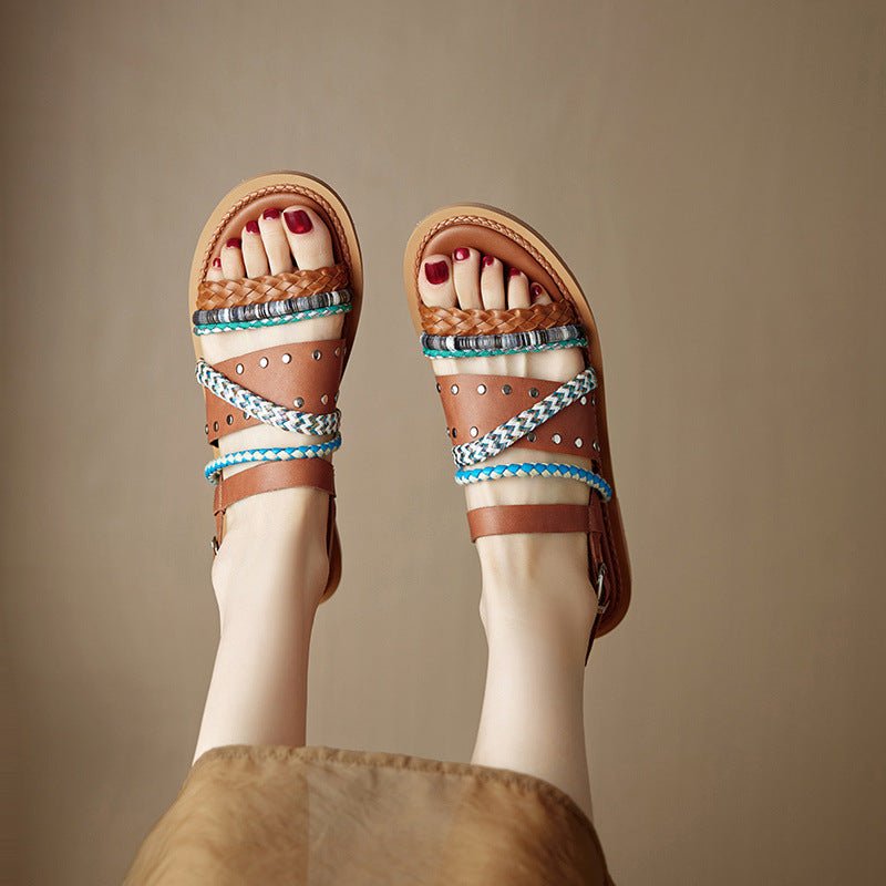Cowhide Woven Color-block Flat Sandals - IVOIRART.COM