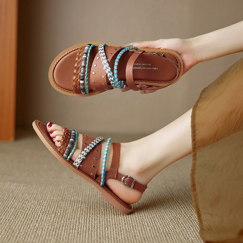 Cowhide Woven Color-block Flat Sandals - IVOIRART.COM