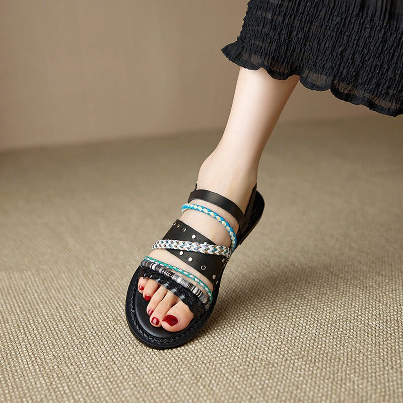 Cowhide Woven Color-block Flat Sandals - IVOIRART.COM