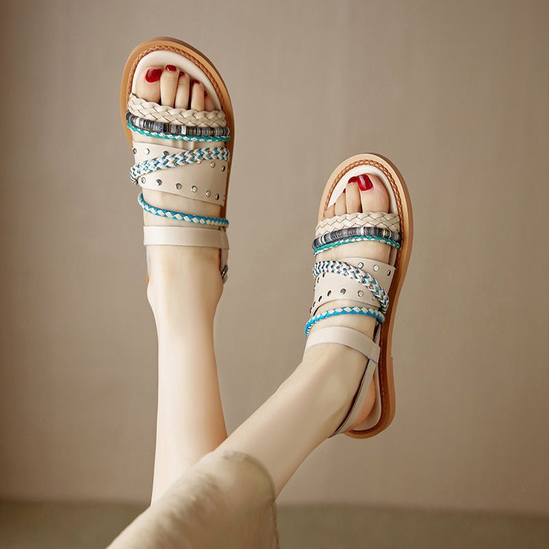 Cowhide Woven Color-block Flat Sandals - IVOIRART.COM