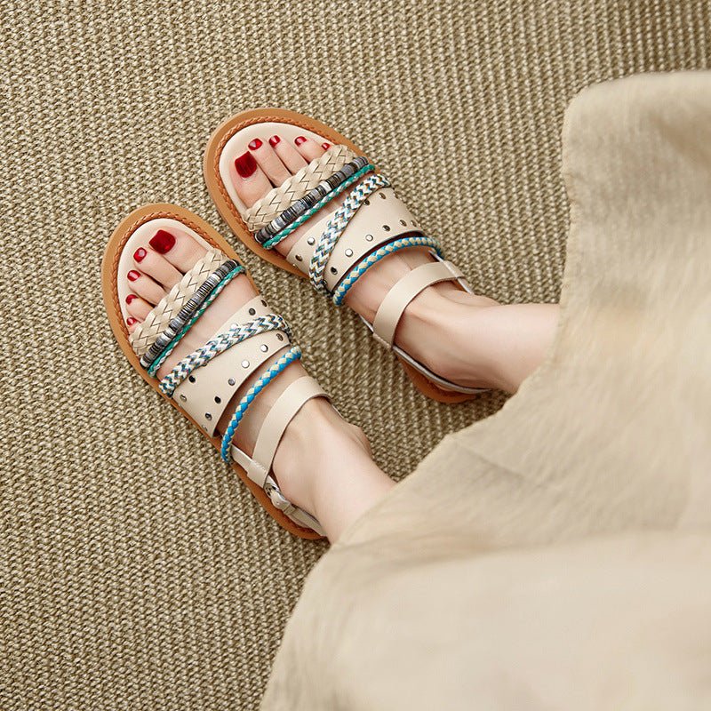 Cowhide Woven Color-block Flat Sandals - IVOIRART.COM