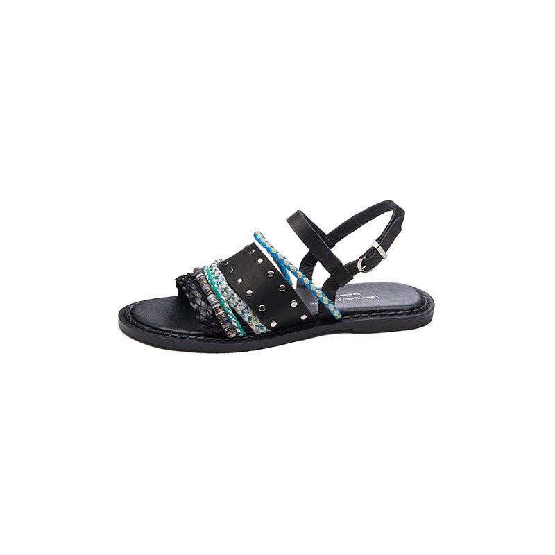 Cowhide Woven Color-block Flat Sandals - IVOIRART.COM