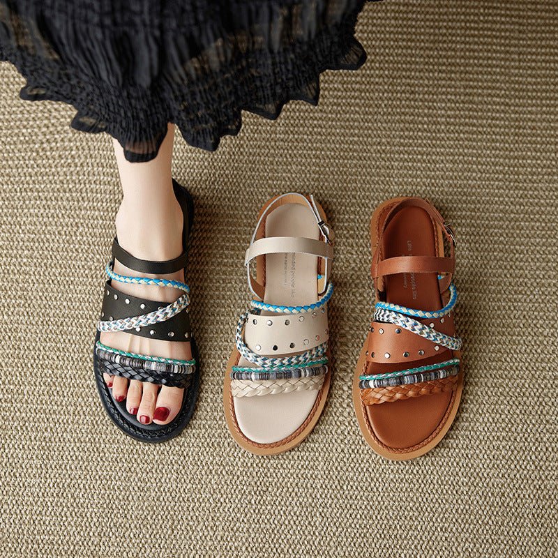 Cowhide Woven Color-block Flat Sandals - IVOIRART.COM
